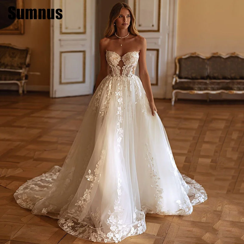 

Sumnus Illusion Wedding Dresses Sleeveless Flowers A-Line Bridal Gowns Beach Bride Dress Elegant Bridals Gown Customized