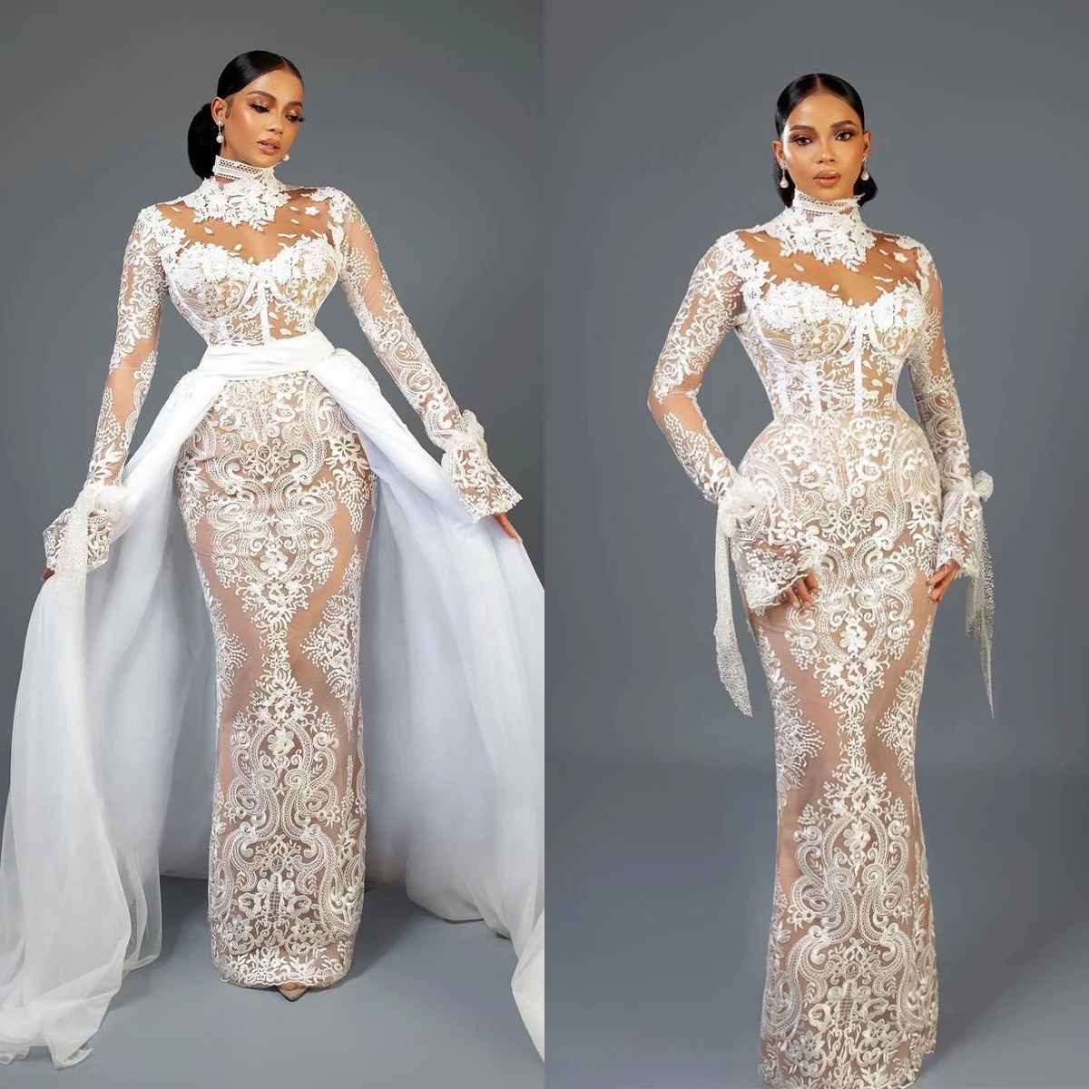 

Luxury Mermaid Wedding Dress High Collar Floral Appliques Lace Bridal Gowns With Detachable Train Custom Made Vestido de novia