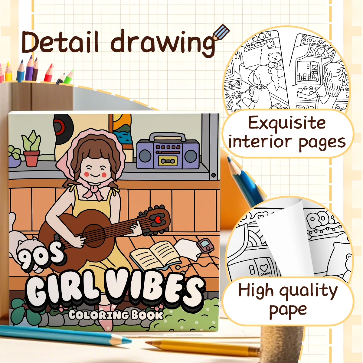 90s GIRL VIBES Coloring Book for Adults Featuring Cartoon Bold-easy Patterns for Relaxation Kids DIY Painting Drawing Books ﻿