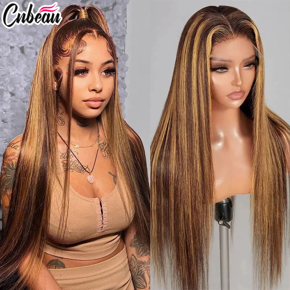 Highligh 13x4 Hd Straight Lace Frontal Wig For Black Women Straight Human Hair Ombre P4/27 Piano Highlight Color Pre Plucked