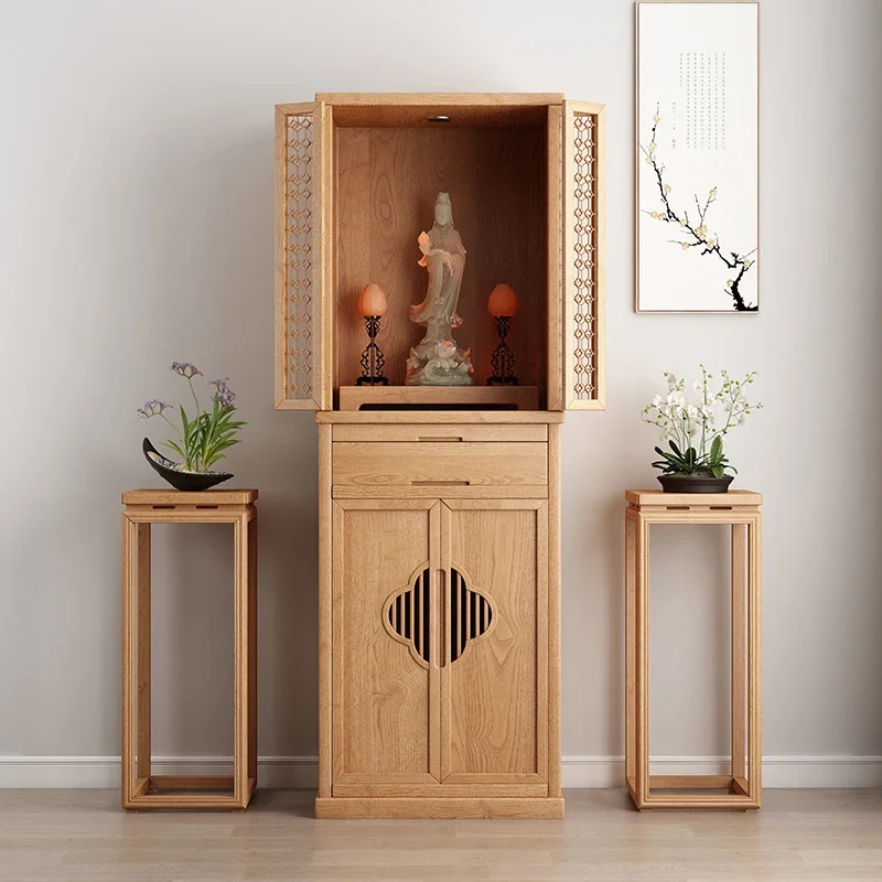 Cherry wood Guanyin Buddhist niche vertical cabinet glass door Buddhist table cabinet solid wood household God of Wealth altar