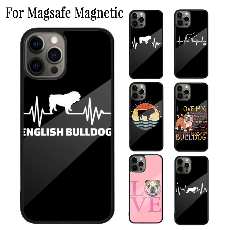 English Bulldog Heartbeat Magnetic Phone Case Coque For iPhone 16 15 14 Plus 13 12 Mini 11 Pro Max Magsafe Wireless Cover