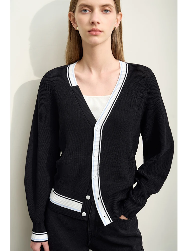 

AMII Minimalism Cardigan For Women 2024 Spring New Commuter Casual Loose High Stretch V-neck Wool Spliced Lady Knitwear 12441122