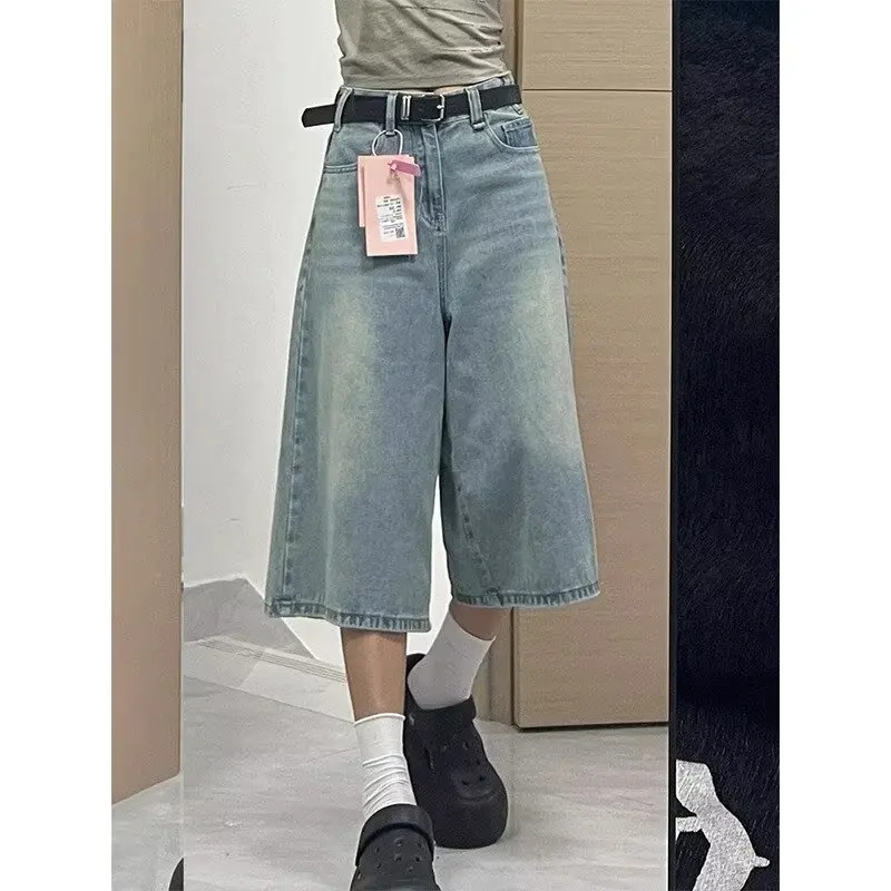

High Waist Wide Leg Seven-Foot Blue Jeans Women's Summer New Style Slimming Small Size Versatile Mid-Length Casual Pants