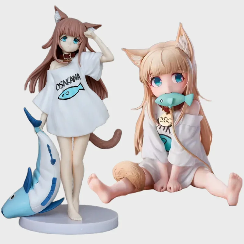 Figura de Anime con cabeza dorada de 14/21CM, mi gato es una chica Kawaii, Sakura, harina de soja, sentarse y comiendo peces, juguete coleccionable en miniatura de PVC