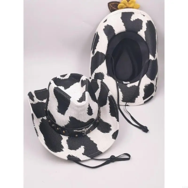 

L5YA Adult Cowboy Hat with Cow Pattern Eye Catching Ethnic Cowgirl Hat Model Show Performances Photography Cowboy Hat