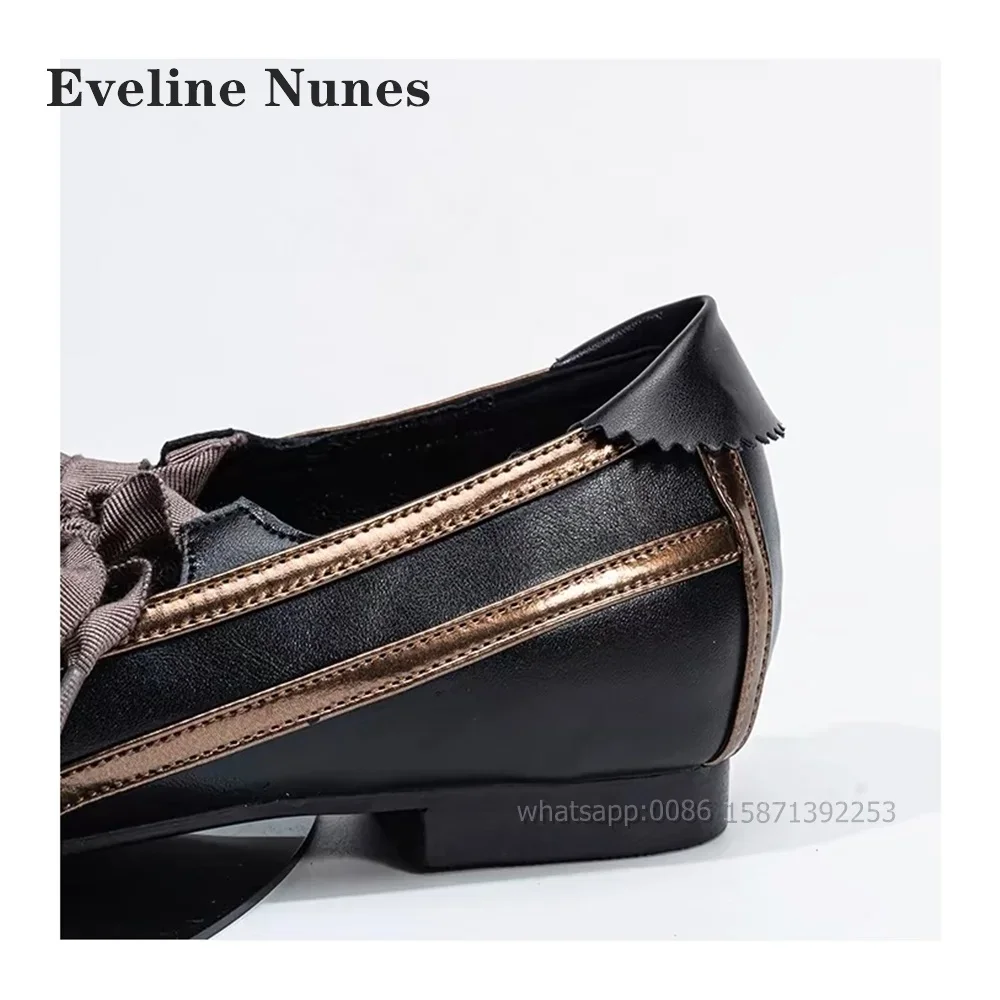 Bow Lace Up Mary Janes Square Toe Flat with Slip On Splicing Lady Sandals Mixed Colors Shallow Metal Decoration Retro Pumps 2024