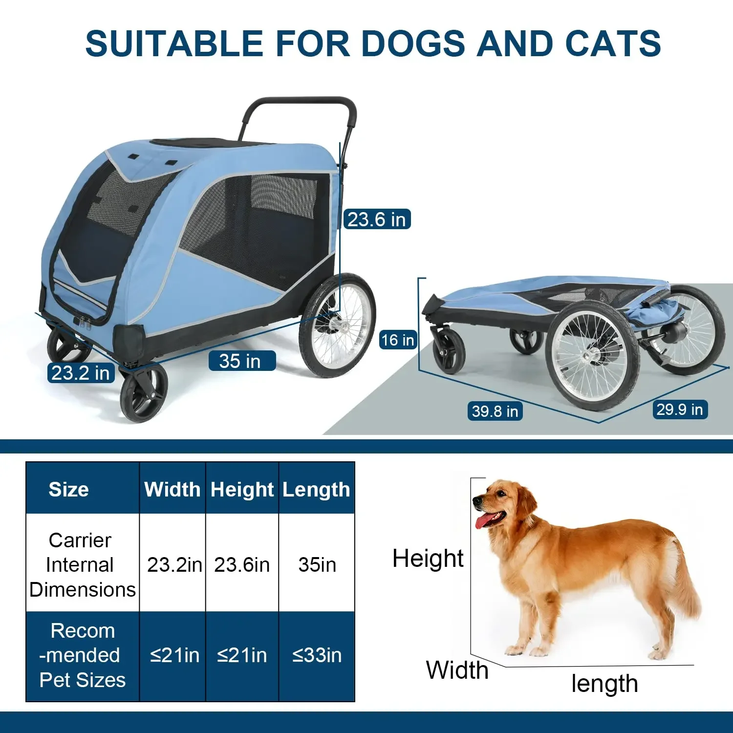 Factory Direct 2026 Nordic Dog Stroller for Large Dogs Extra Pet for Medium Foldable Dog Wagon and Cart for 2 with Pocket Up to