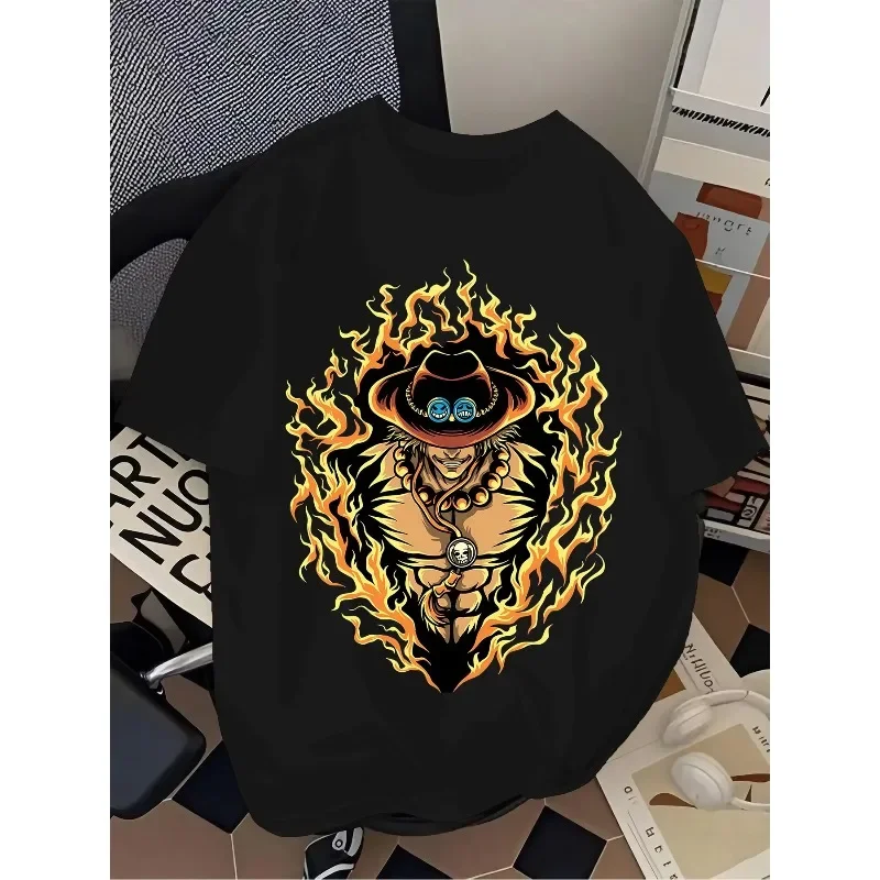 

ONE PIECE Ace Anime Printed Summer Men's T-Shirt Harajuku Plus Size Trend Loose Red Flame Printing Casual Parent-child Top