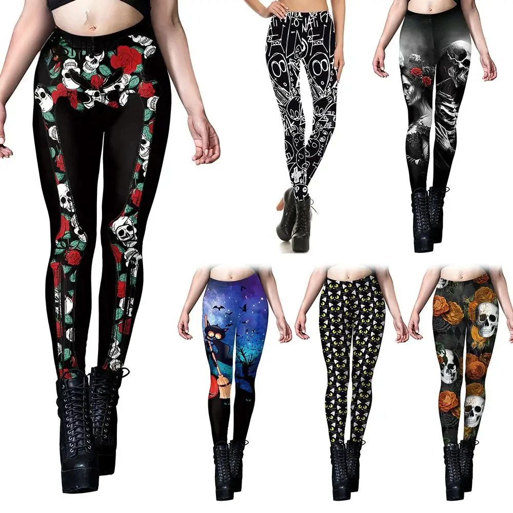 Leggings con estampado de calavera para mujer, pantalones de Cosplay de gato, entrenamiento elástico para Fitness, medias sexis para niñas, pantalones con parte inferior de LICRA