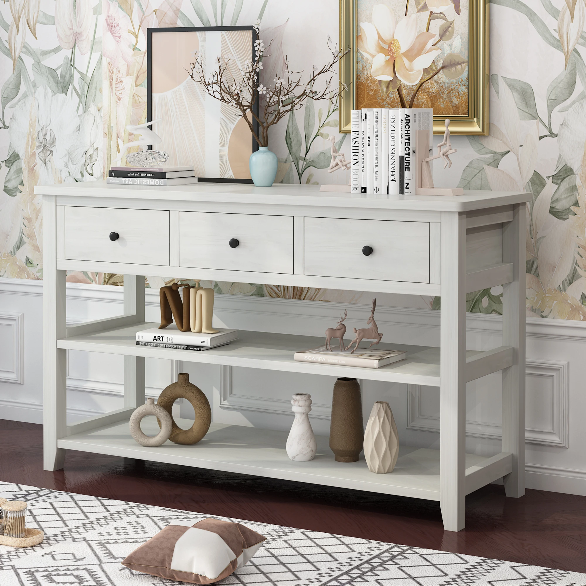 Table console avec cadre et pieds en bois, table d'entrée de canapé, 3 portes de proximité et 2 étagères ouvertes, blanc antique