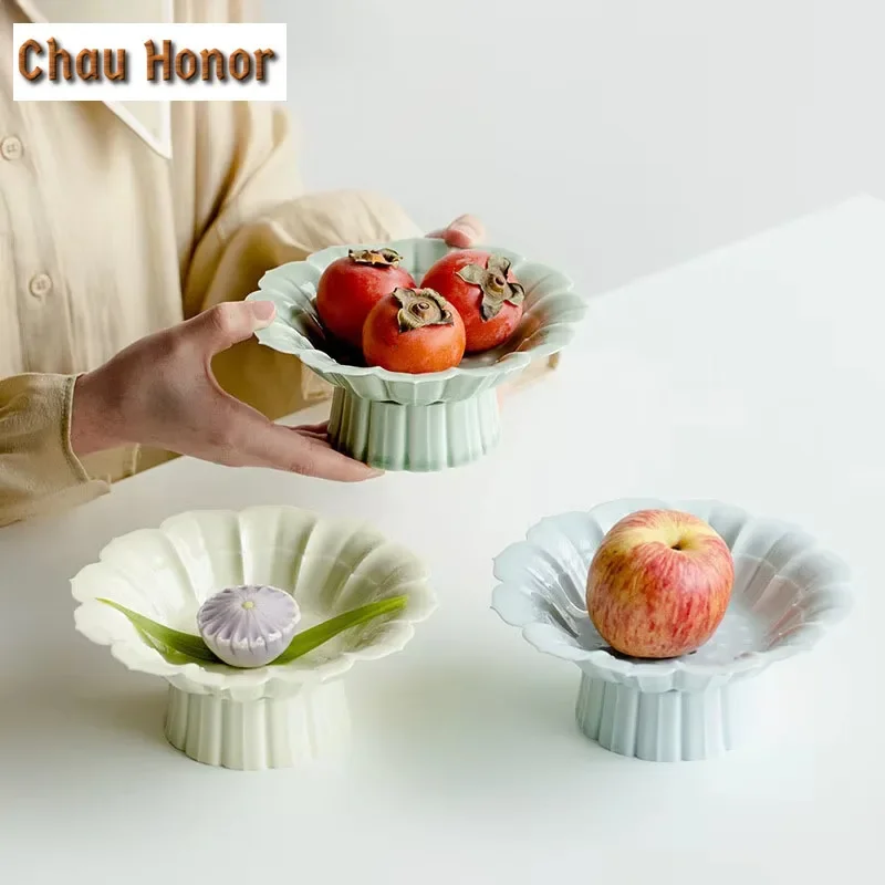 

Creative Lotus Petal Ceramic High Foot Fruit Plate Household Tea Tray Snack Fruit Tray Dried Fruit Snack Plate Office Decoration