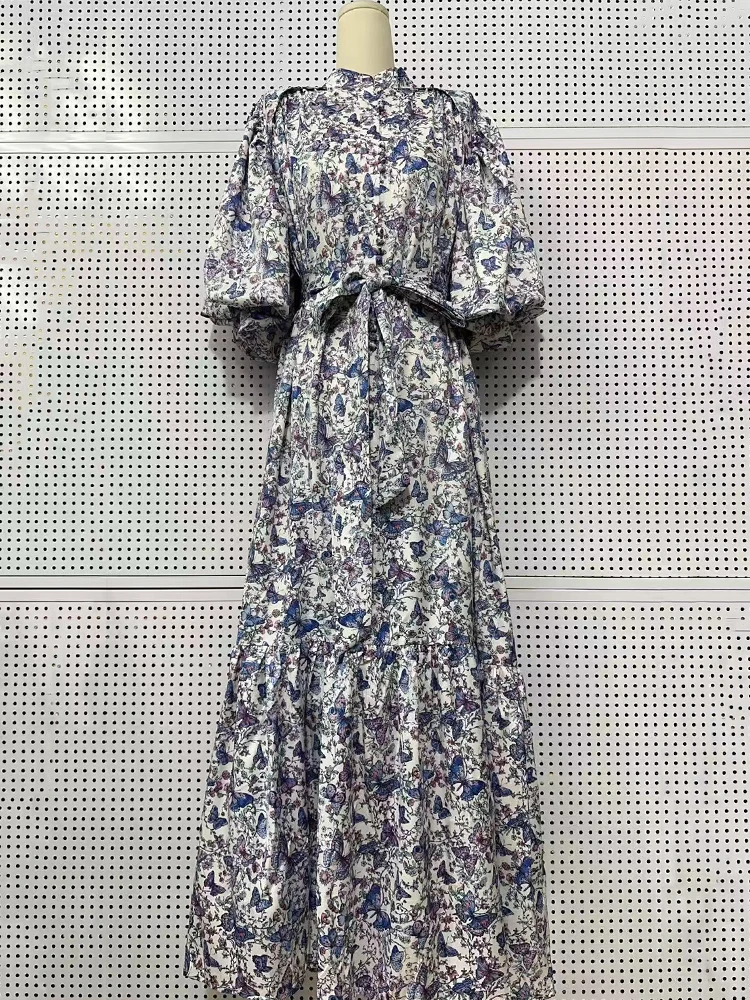 

Retro butterfly print single-breasted lace-up waist-cinching short-sleeved dress 2025 summer women's pleated loose puffy dress