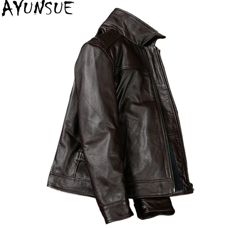 AYUNSUE Pure Cowhide Real Leather Jacket Man High Quality Genuine Cow Leather Mens Leather Jacket Casual Simple Short Streetwear