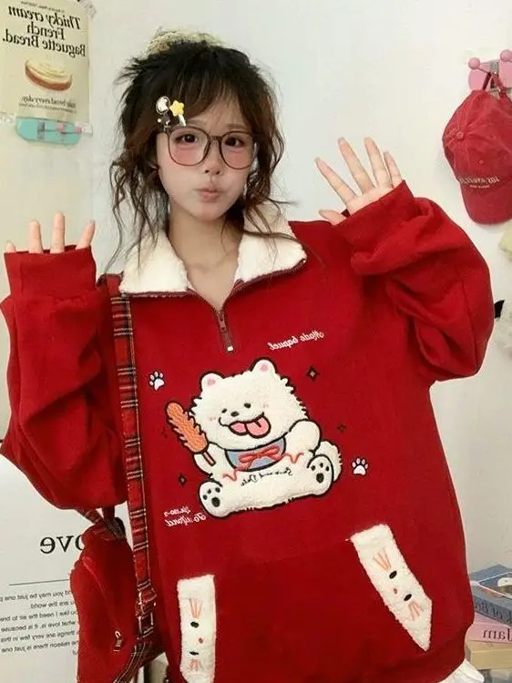 

Женская толстовка большого размера с воротником, осенне-зимняя, с милой вышивкой собаки, дышащая, устойчивая к сминанию, износостойкая