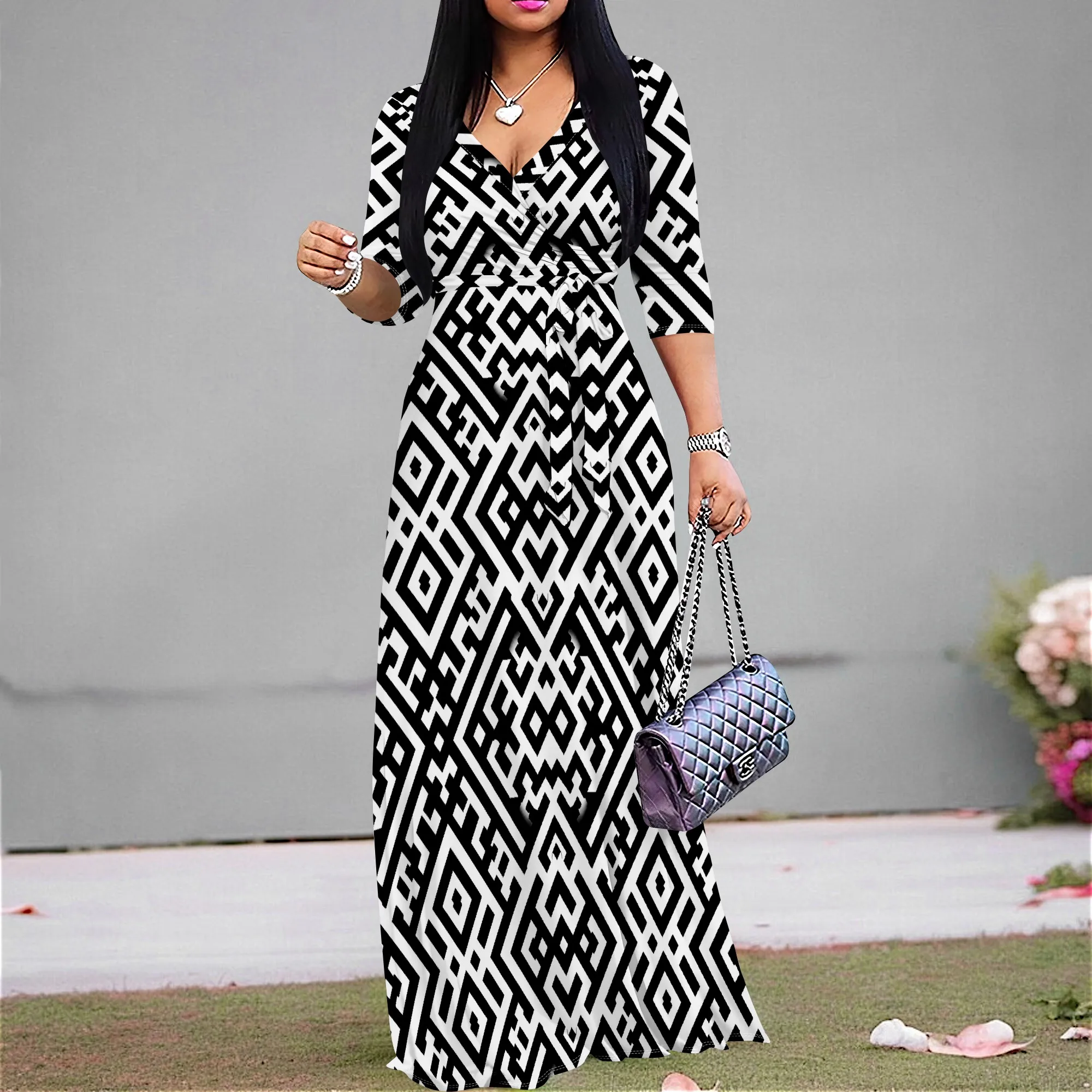 

Elegant Women's Black & White Geometric Pattern Maxi Dress, A-line Summer Vacation Beachwear, V-Neck Boho Style Long Dresses