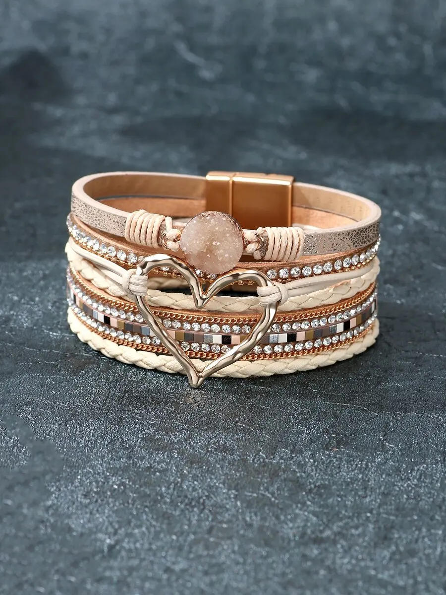 Rhinestone Heart Decorated Layered Bracelet for Valentine’s Day Mom and Mother’s Day Gift
