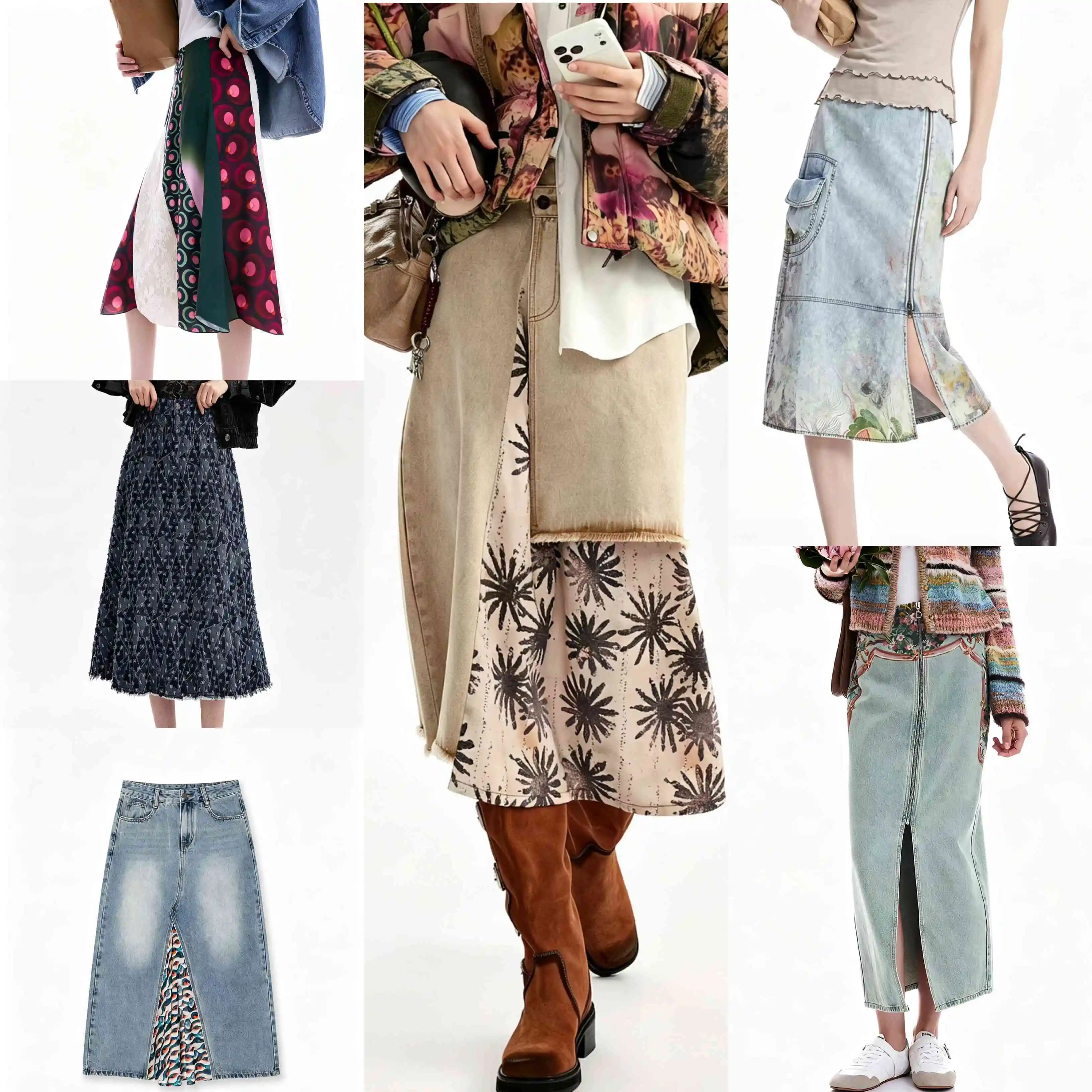 Foreign Trade Spain Original Single Women's Half length Skirt Cowboy Embroidery Printed Elastic Splicing Medium length Skirt