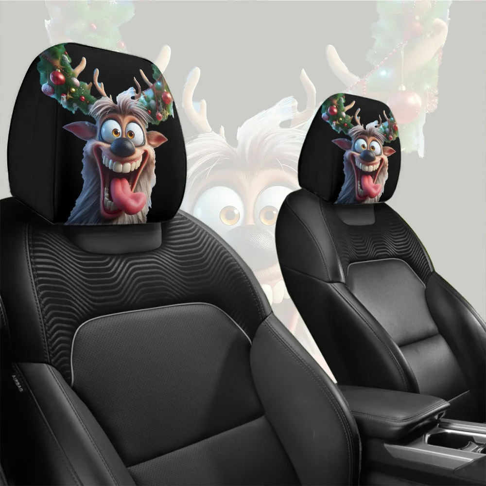 Christmas Reindeer Funny Expression Headrest Cover, Easy-to-Install Headrest Protector Cover, Car Interior Decorative Accessory