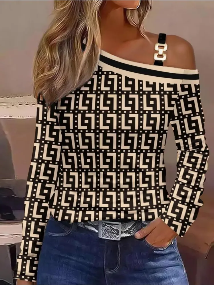 

Autumn Fashion Long Sleeve T Shirts Women Sexy Off Shoulder Shirts Top Spring Elegant T-shirt Print Casual Tops Female
