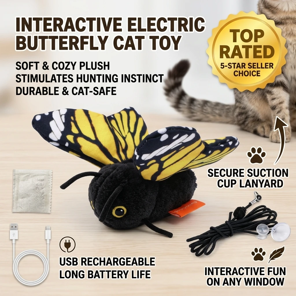 Rechargeable Automatic Cat Teaser Toy Multiple Modes Simulation Butterfly Cat Teaser Hanging Elastic String Washable Feline Toy