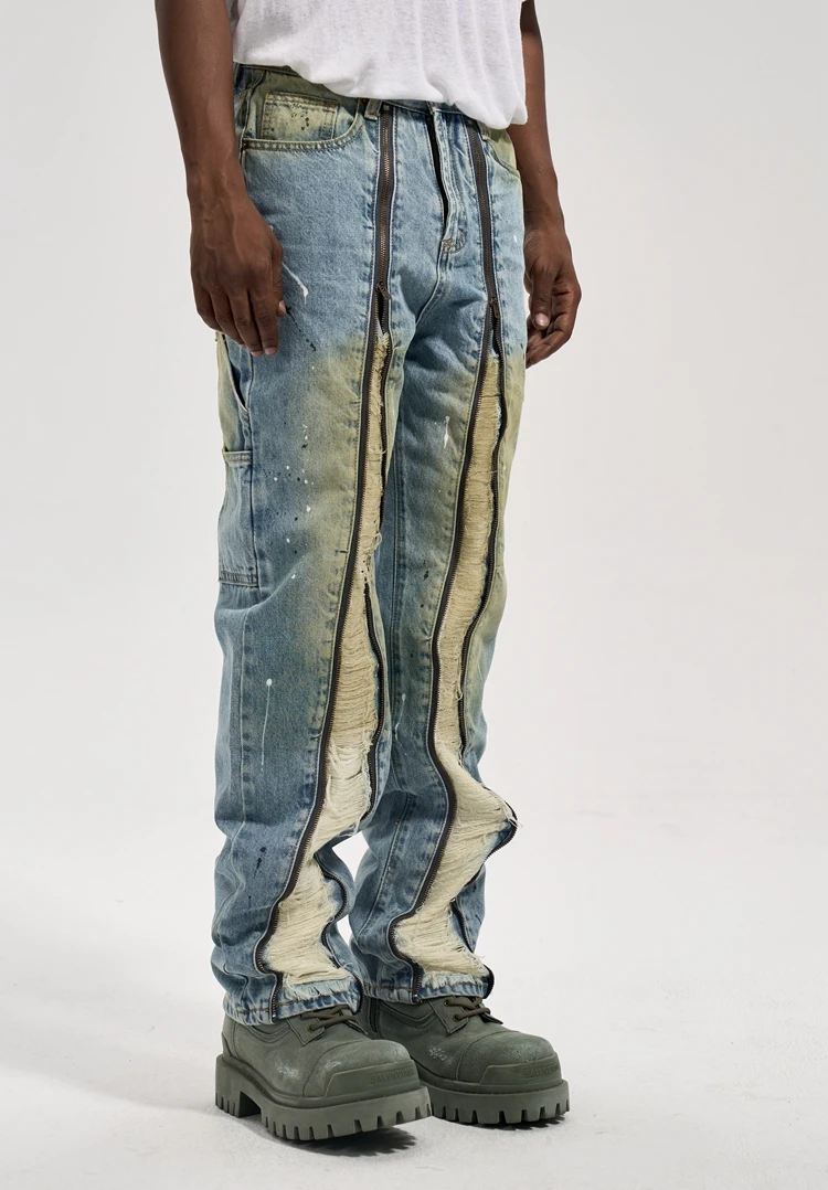 High Street Double Zip Pull Yellow Wash Vintage Cargo Pants Lumberjack Personality Jeans Men's Pants Jeans for Men