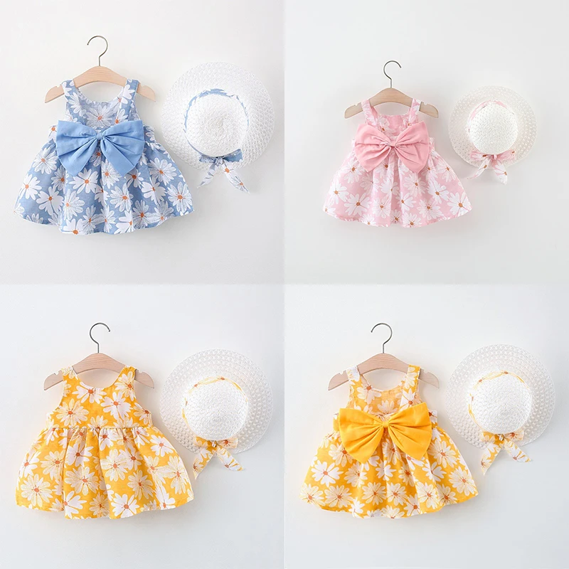 

Summer New Beach Party Baby Girl Dress, Sweet Bow Children'S Sleeveless Clothes With Free Hat (9 Months -3 Years Old)