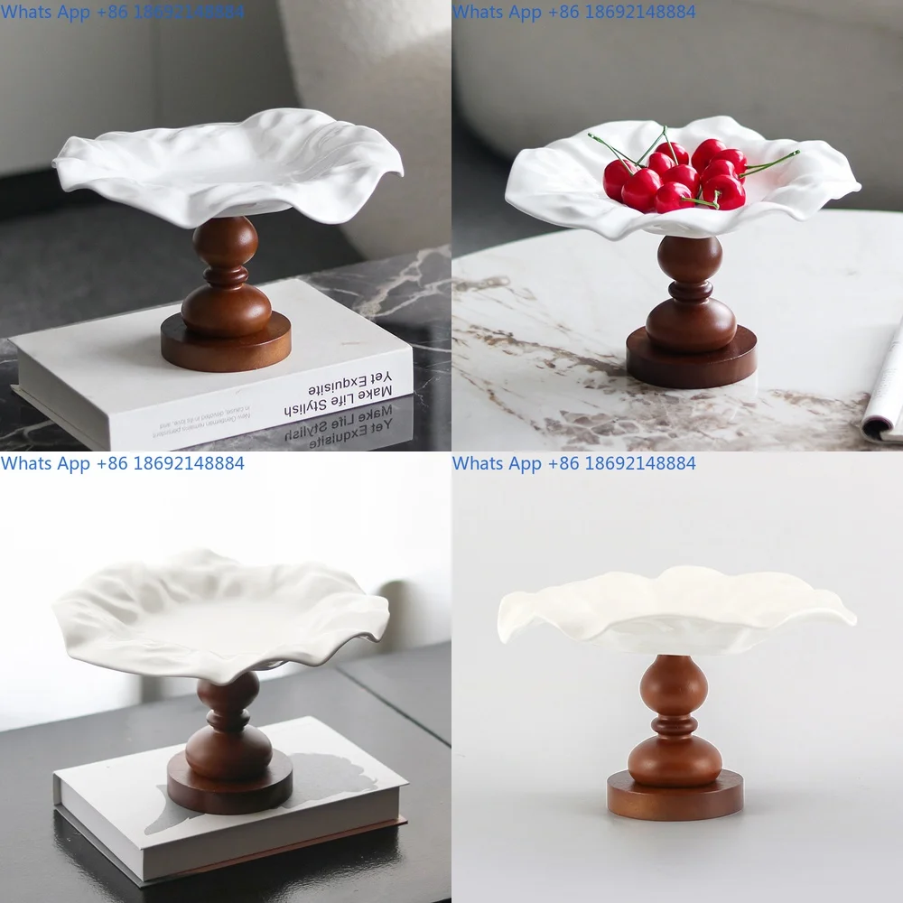 

Abstract Lotus Ceramic Fruit Tray Decorative Wooden High Leg Snack Plate for Tea and Desserts