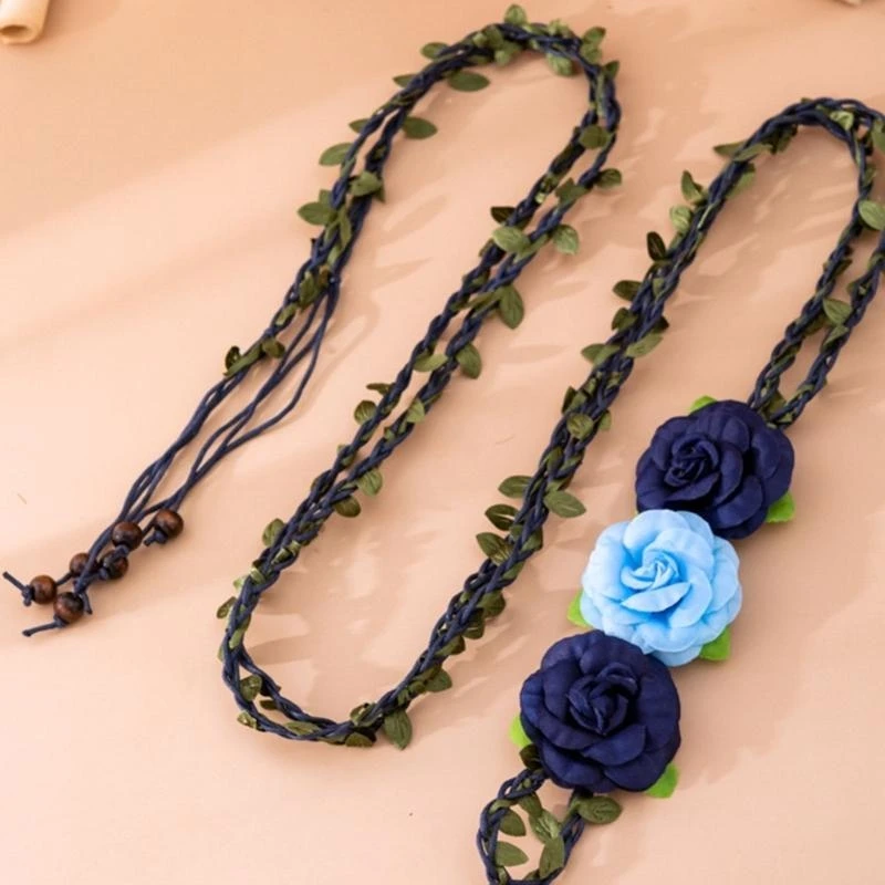 Y5GC Adjustable Hole Flower Decors Waist Belt Women Elastic Belt Colorful Weave Belt