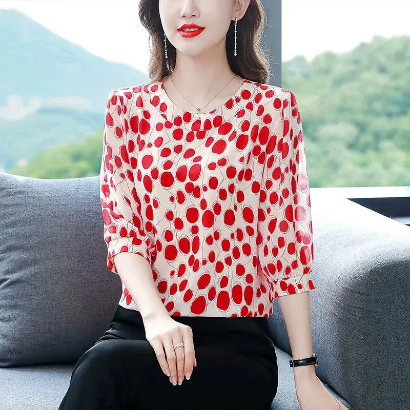 Summer New Round Neck Half Sleeve T-shirt Women Fashion Polka Dot Printing Loose Pullovers Korean Style Thin Style Ladies Tees