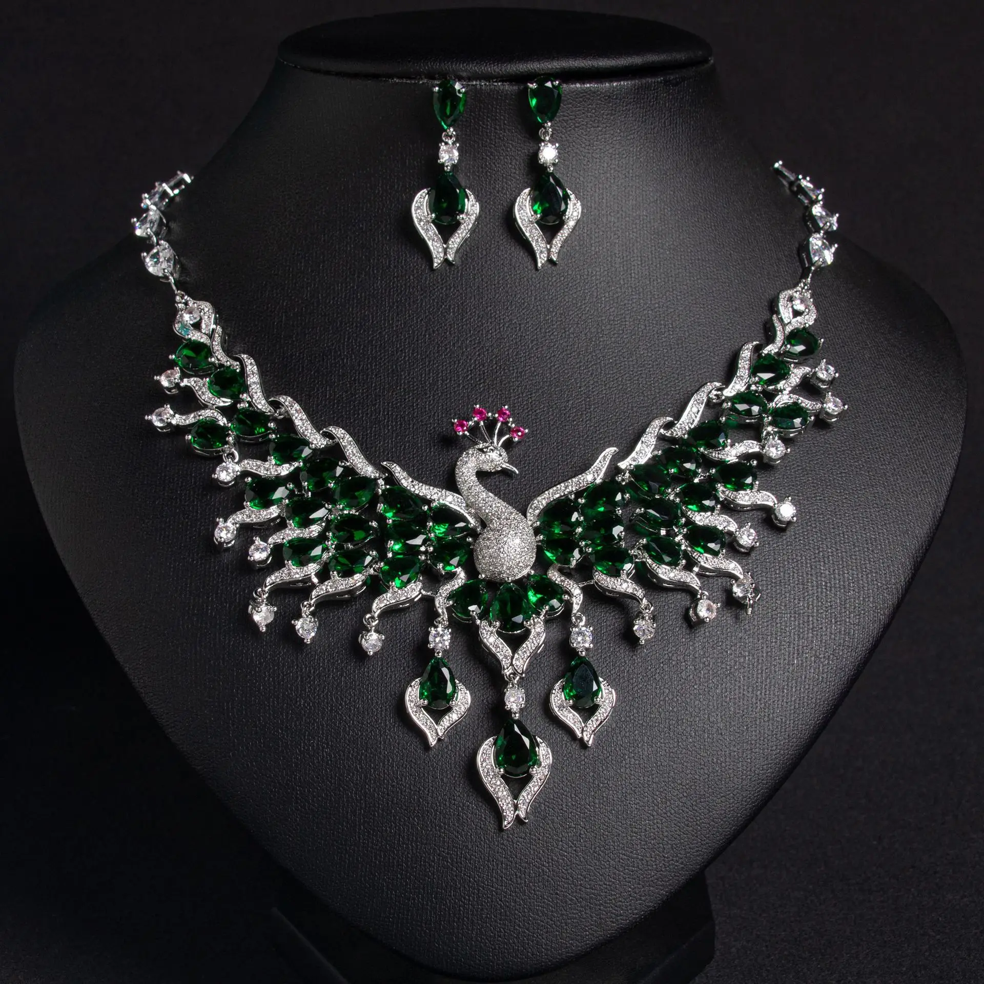 Luxury Peacock Shaped Multicolor Gemstone Necklace & Earrings Set 2pcs Women Light Luxury High-End Jewelry for Bride Wedding Ban