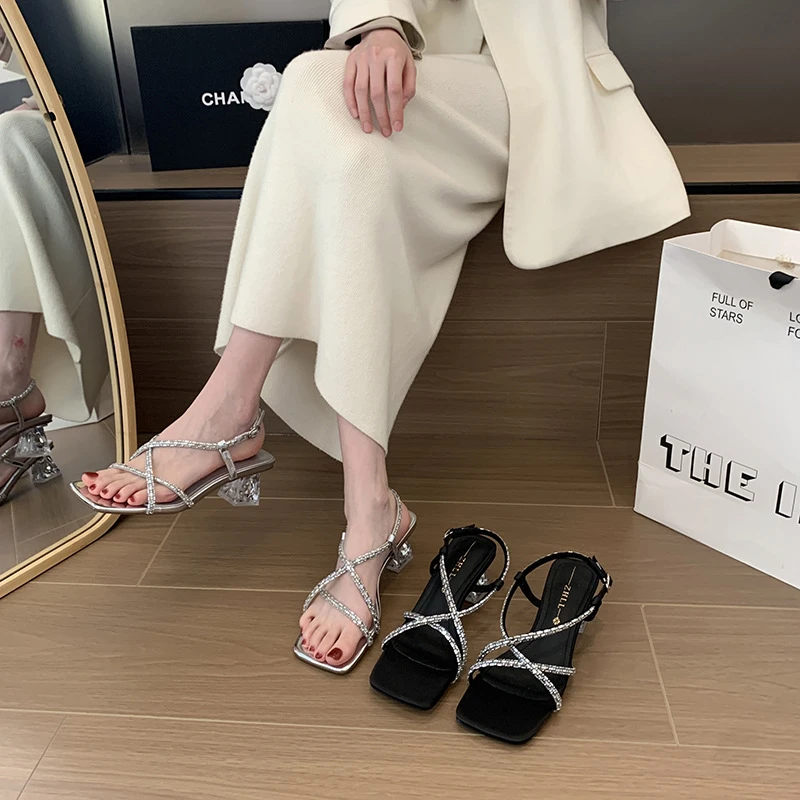 Rhinestone Cross Strap Sandals Black And Silver Colors Square Toe Ankle Buckle Strap Heeled Shoes For Summer Beach Party Ladies