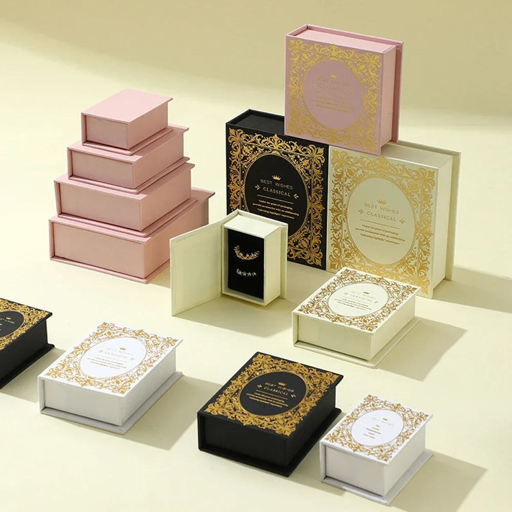 

50Pcs Custom Logo Jewelry Magnetic Flip Cover Book Shape Box For Rings Pendant Necklace Foundation Organizer Brooch Storage Case