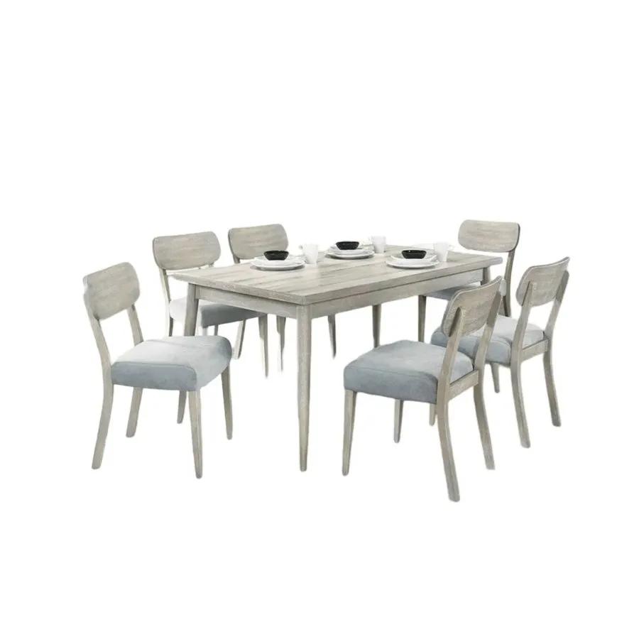 Natural Wood Grain 7pc Dining Set Rectangle Table and Chairs Solid Rubber Wood Dining Room Furniture