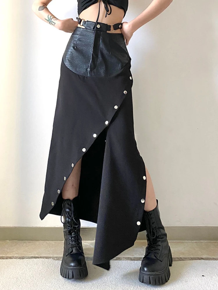 

High Street Y2k Clothes Hollow Out Solid Color PU Leather Patchwork Skirts for Women Irregular Forked Punk Gothic Long Skirt