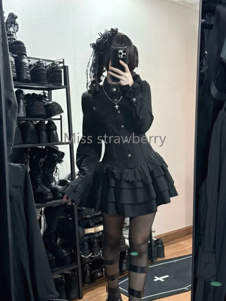 Spring Vintage Gothic Style Lace Up Dress Women Design High Street Black Lolita Slim Dresses 2025 Y2k Lace Long Sleeve Clothing - Image 2