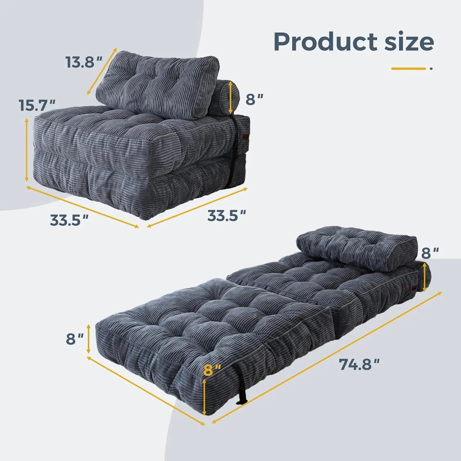 Folding Sofa Bed, Convertible Sleeper Chair with Pillow Foldable Mattress with Back Support, Portable Fold Out Chair Bed Comfy F