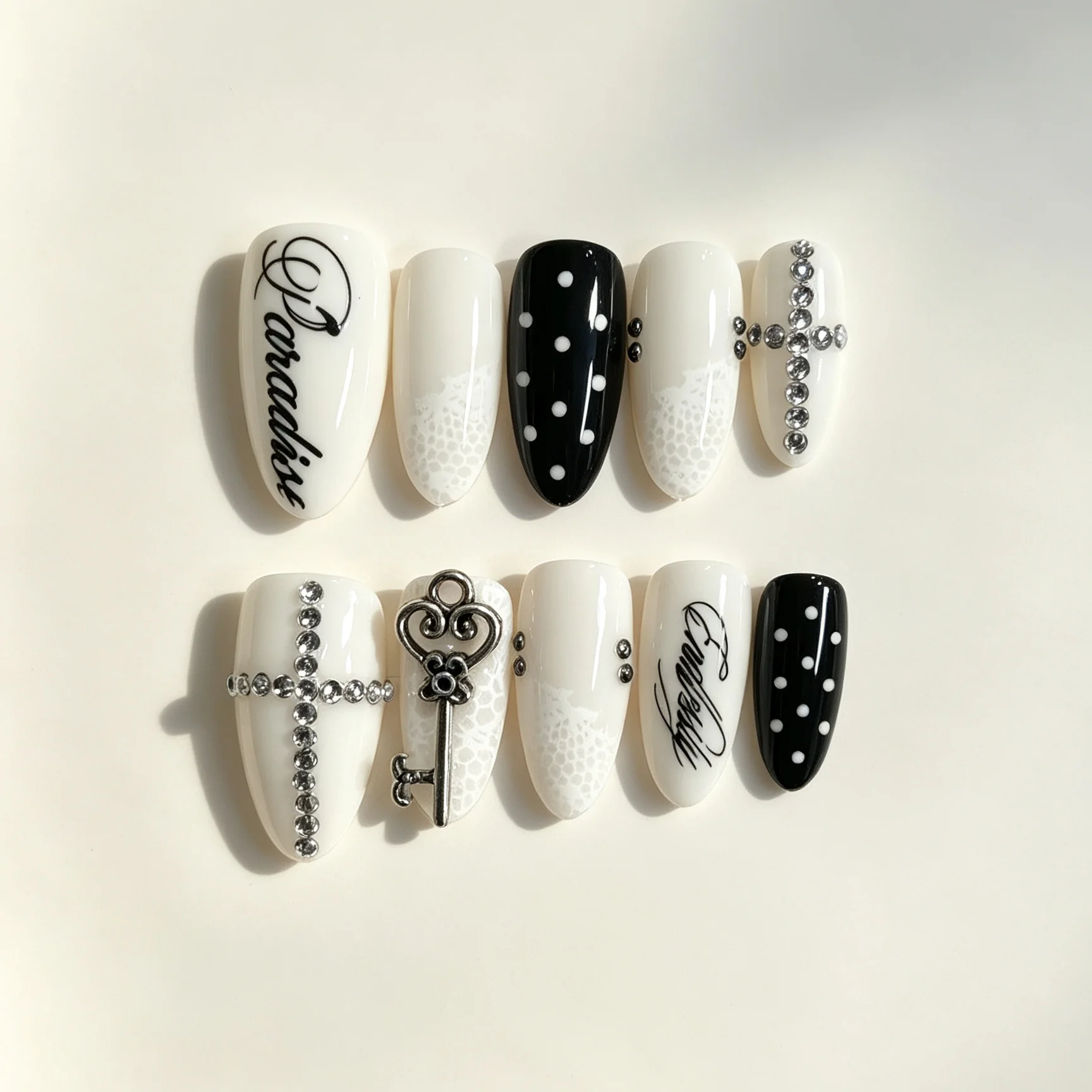 10 Pieces of Hand Pressed Almond Shaped Nails, Beautiful Fake Nails, Black and White Lock Key Cross Letters, Suitable for Women