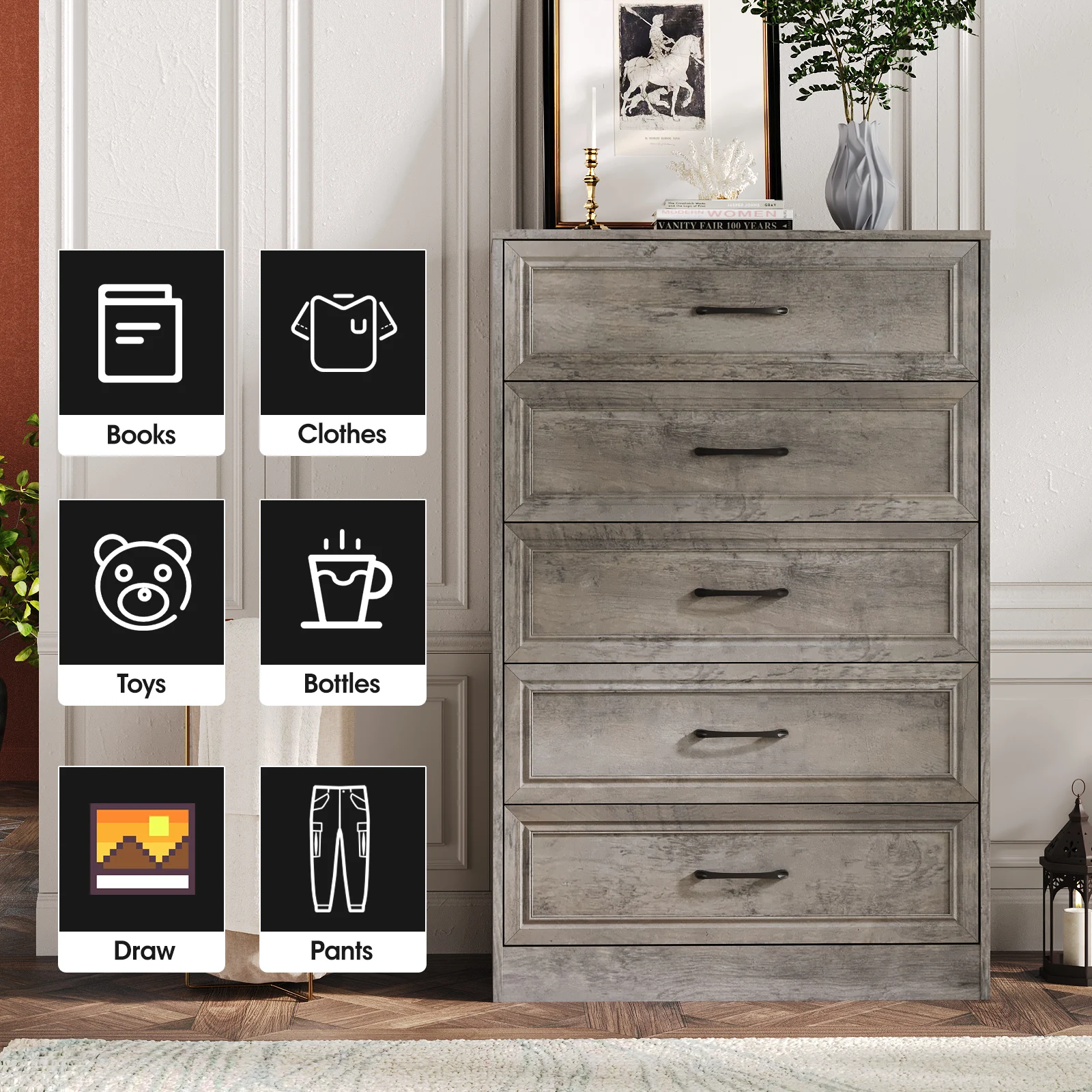 خزانة ذات أدراج خشبية لغرفة النوم مع مقابض معدنية بطول 47 بوصة ومنظم تخزين خزانة ذات 5 أدراج للممر