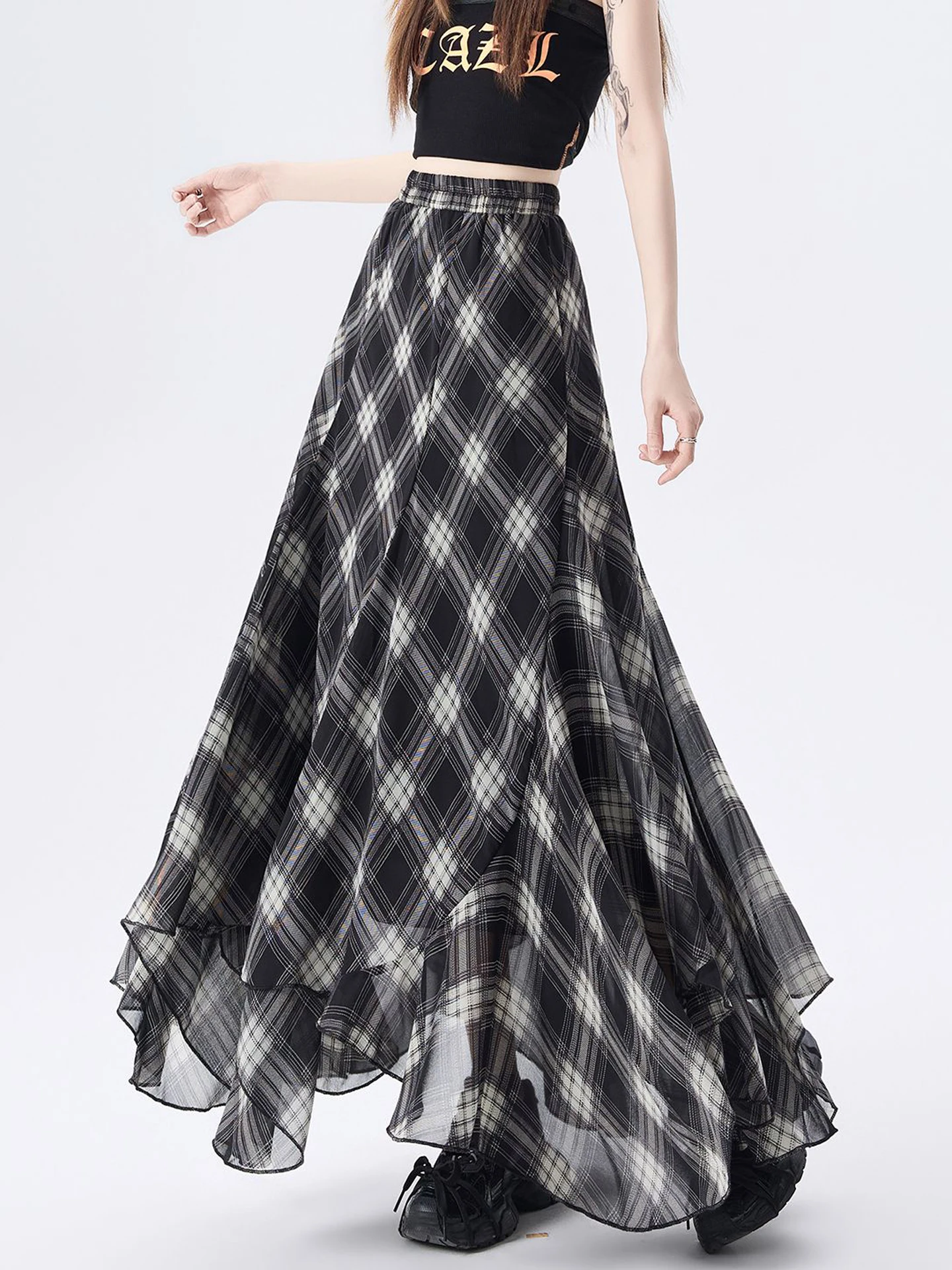 

Summer Long Plaid Mesh Half Skirt Women's High Waist A-Line Flared Umbrella Skirt Korean Style Commute Polyester Fiber