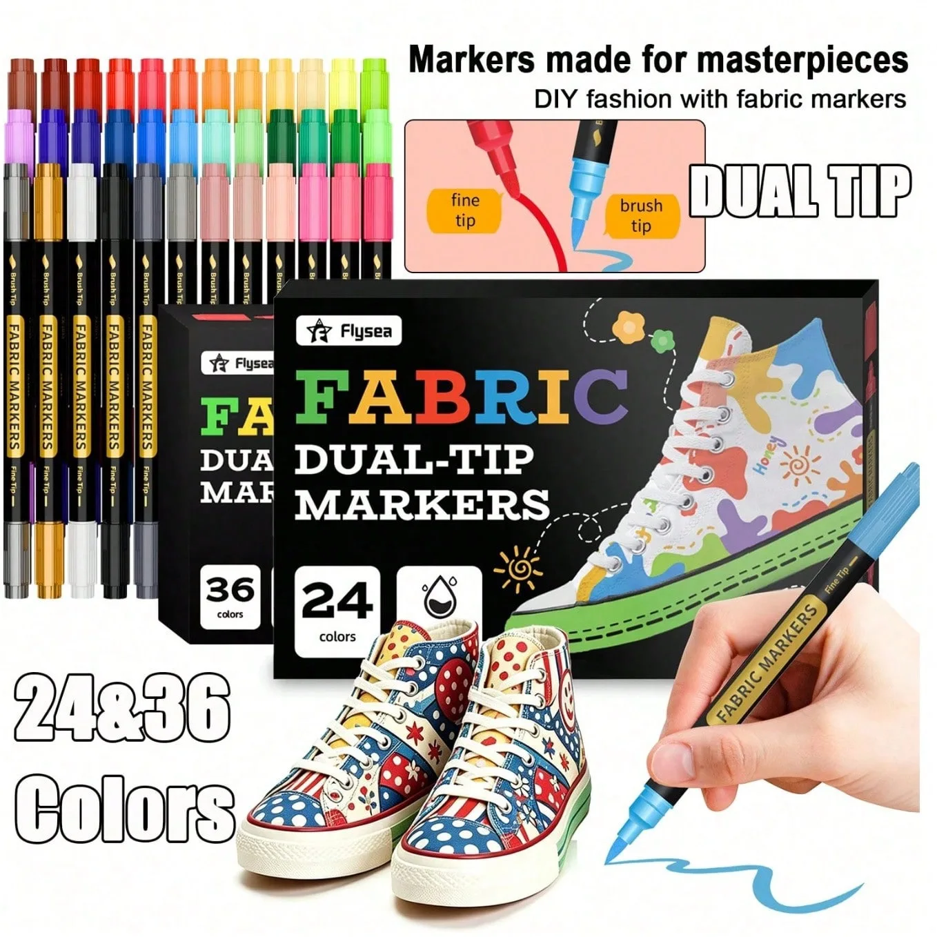 24/36 Multi-Color Dual-Tip Fabric Markers, Painting and Graffiti Markers, Writing and Journaling Textile Paint Set, Waterproof Long-Lasting Textile Paint, Available in Various Colors, Suitable for Clothing, Footwear, Canvas Art, Clothing, Canvas Bags, T-Shirts, and Shoes, Vibrant Fabric Drawing Pens, Holiday Painting, Commemorative Pens, Parties