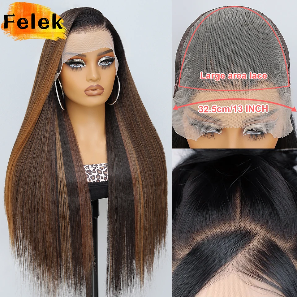 Ombre Brown 13x6 Synthetic Lace Frontal Wig For Women 30 Inch Long Silky Straight Lace Front Wig High Quality American Afro Wigs