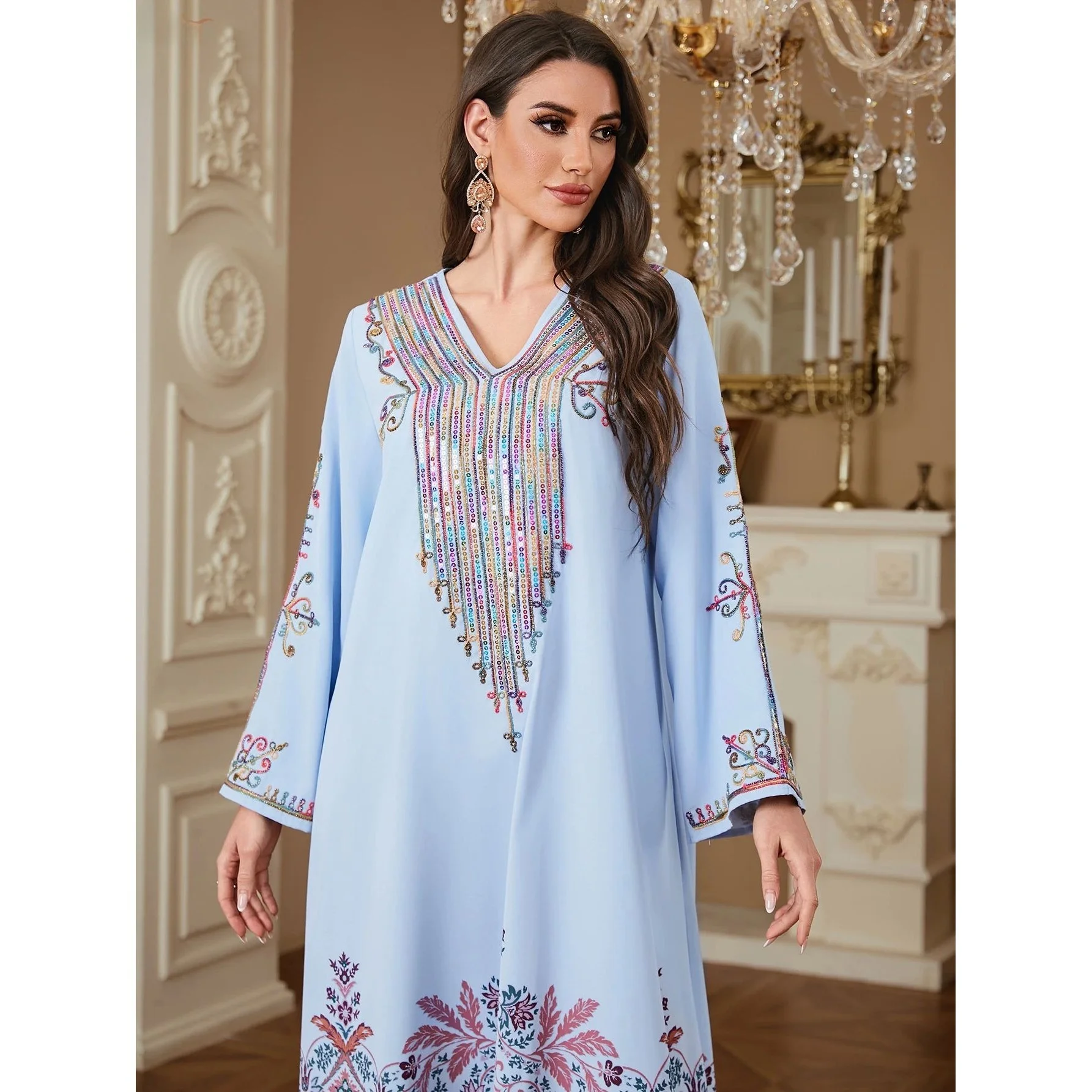 

Модное длинное платье макси Uni с вышивкой, цветочным принтом в дубайском стиле, А-силуэт, с длинными рукавами, универсальный размер, с завышенной талией, для зимы