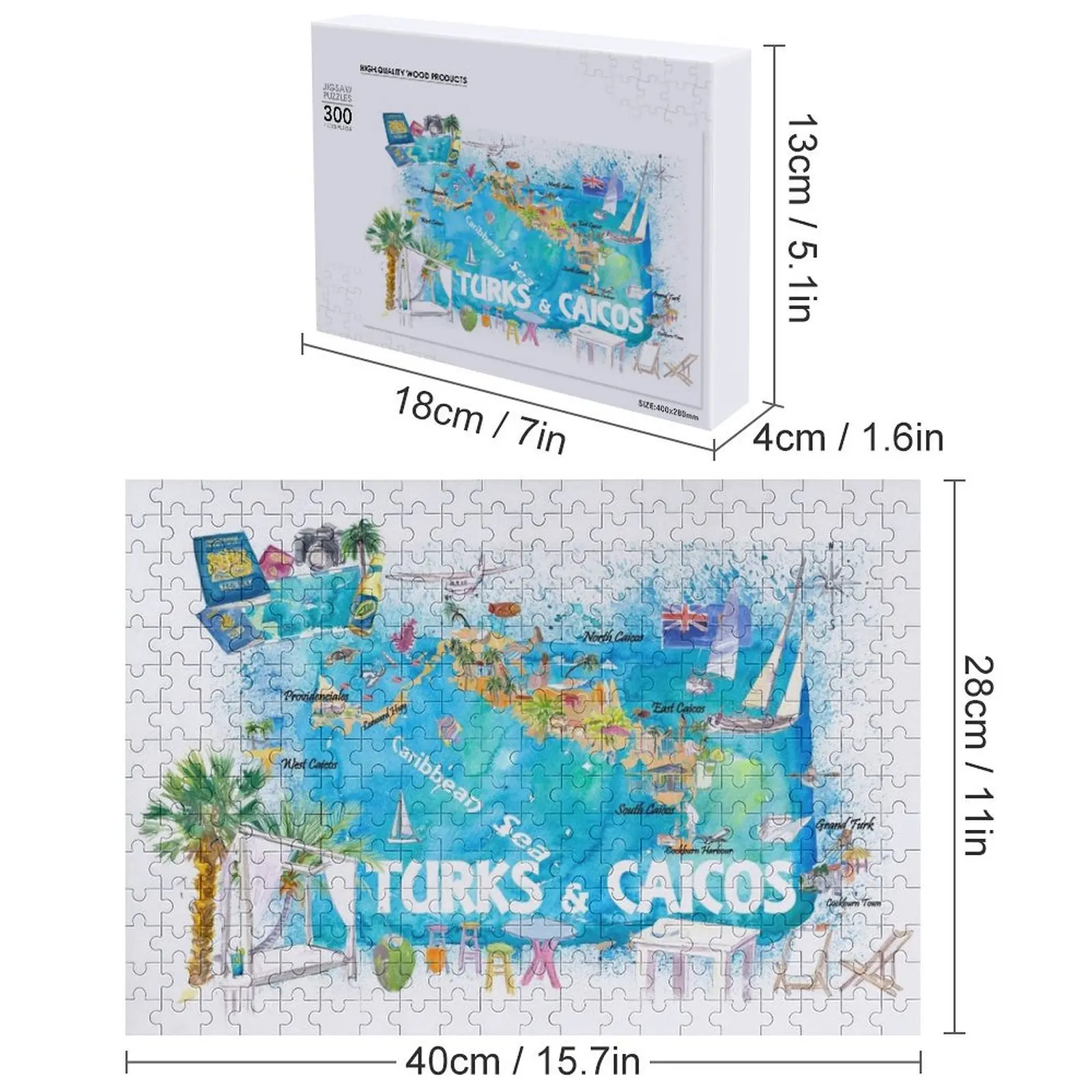 Turks & Caicos Antilles geïllustreerde reiskaart met wegen en hoogtepunten puzzelspel kinderen puzzel aangepaste puzzel