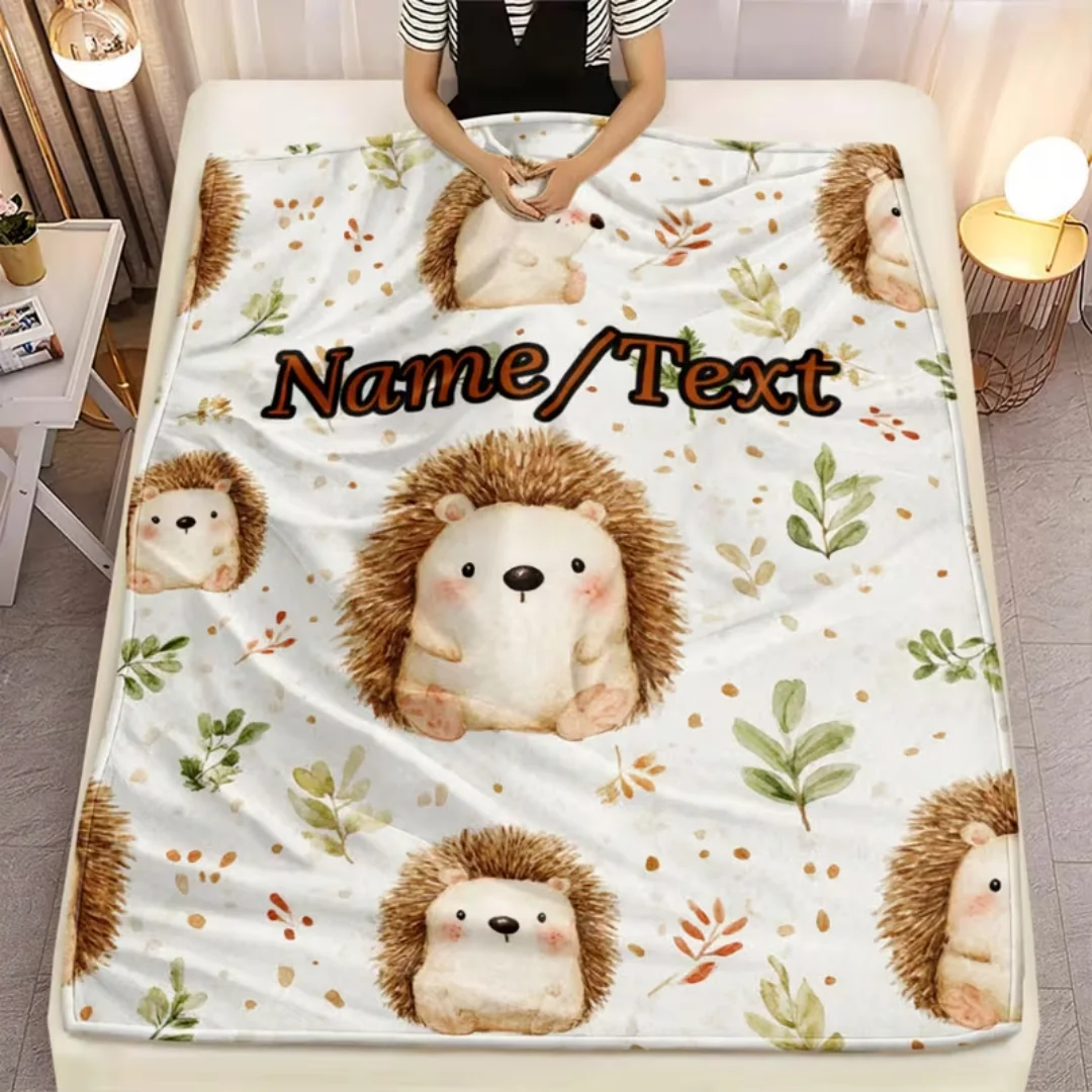Personalized Cute Hedgehog Name Text Blanket, Lightweight Digitally Printed Throw Blanket for Sofa Bed Camping Travel Office, Cu