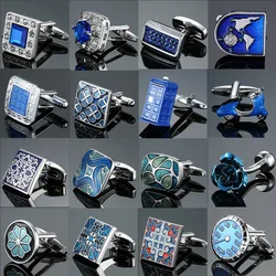 Men's French Shirt Cufflinks Wholesale Blue Enamel Crystal Cufflinks For Mens Vintage Pattern Cuff Links Wedding Jewelri Button