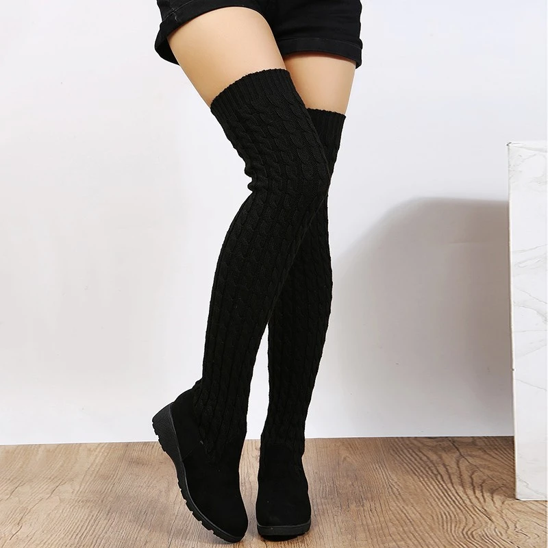 New 2024 Autumn and Winter New Fashion Knitted Wool High Socks Boots for Women Flat Over The Knee Long Elastic Skinny Boots