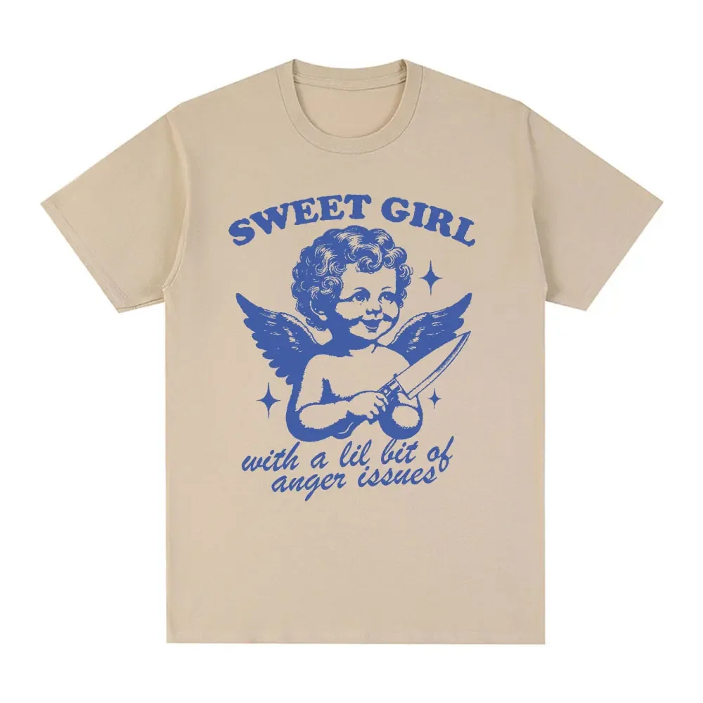 Sweet Girl with Anger Issues T Shirt Funny Angel Lovers T-shirts Men Women 100% Cotton Casual Oversized Short Sleeve Tee Shirt