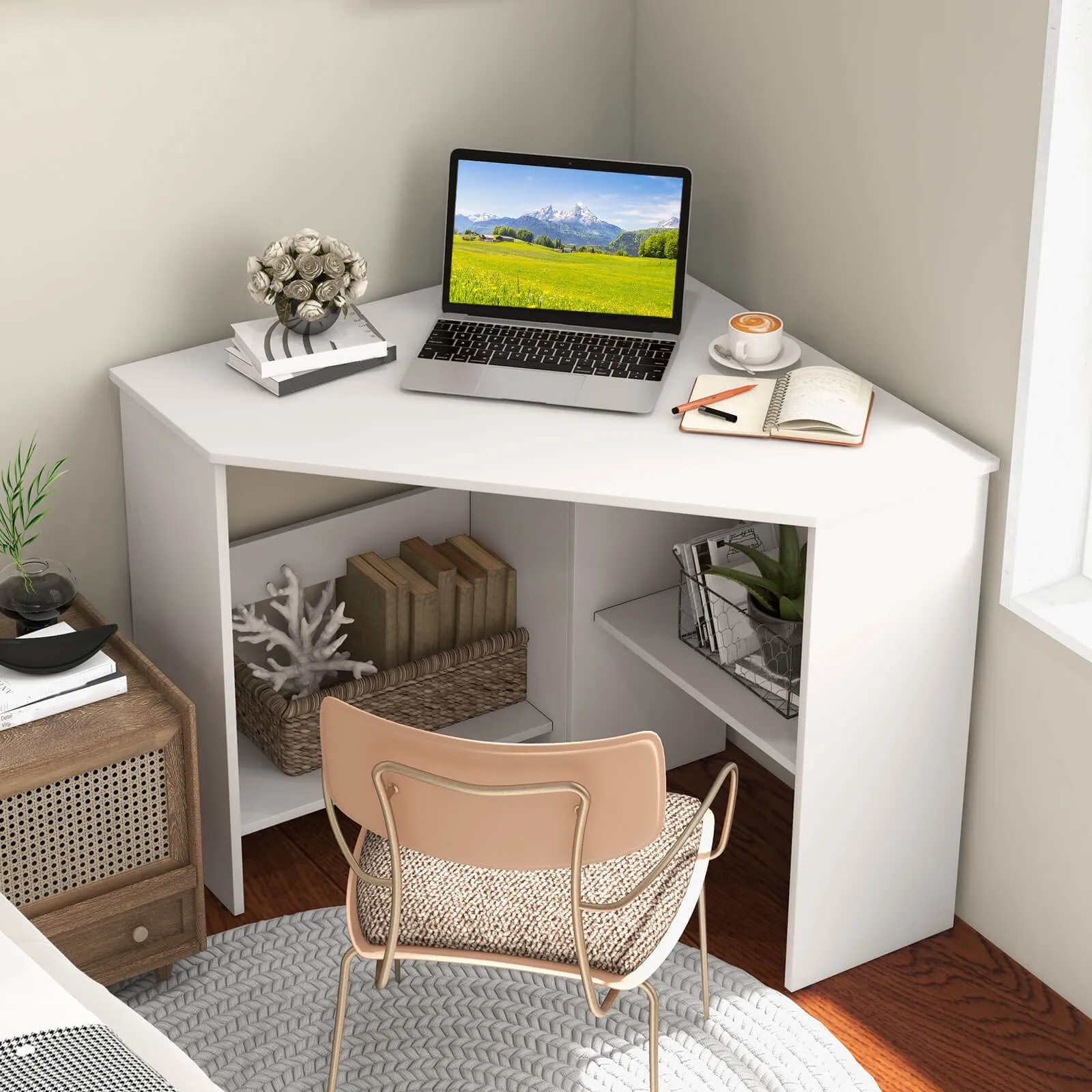 

90° Corner Desk for Small Space, Home Office Computer Desk with Open Shelves & Cable Management Holes, Laptop Workstation