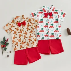 Kid Clothes Boy Christmas Outfits Car Tree Print Short Sleeve Button Shirt with Solid Shorts Baby Clothing Set